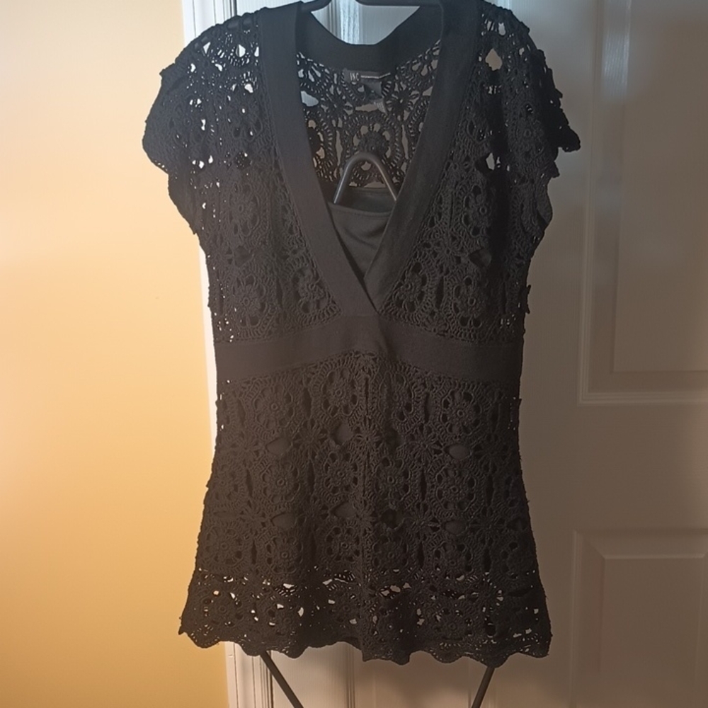 Black Crochet Lace Top With Attached Camisole M